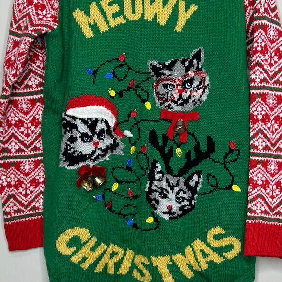 No Boundaries "Meowy Christmas" Ugly Christmas Sweater Size XXL Tunic - Picture 2 of 10